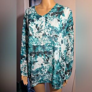 BonWorth Aqua/Teal blue & white blouse w/ long sheer sleeves. Sz.XL
